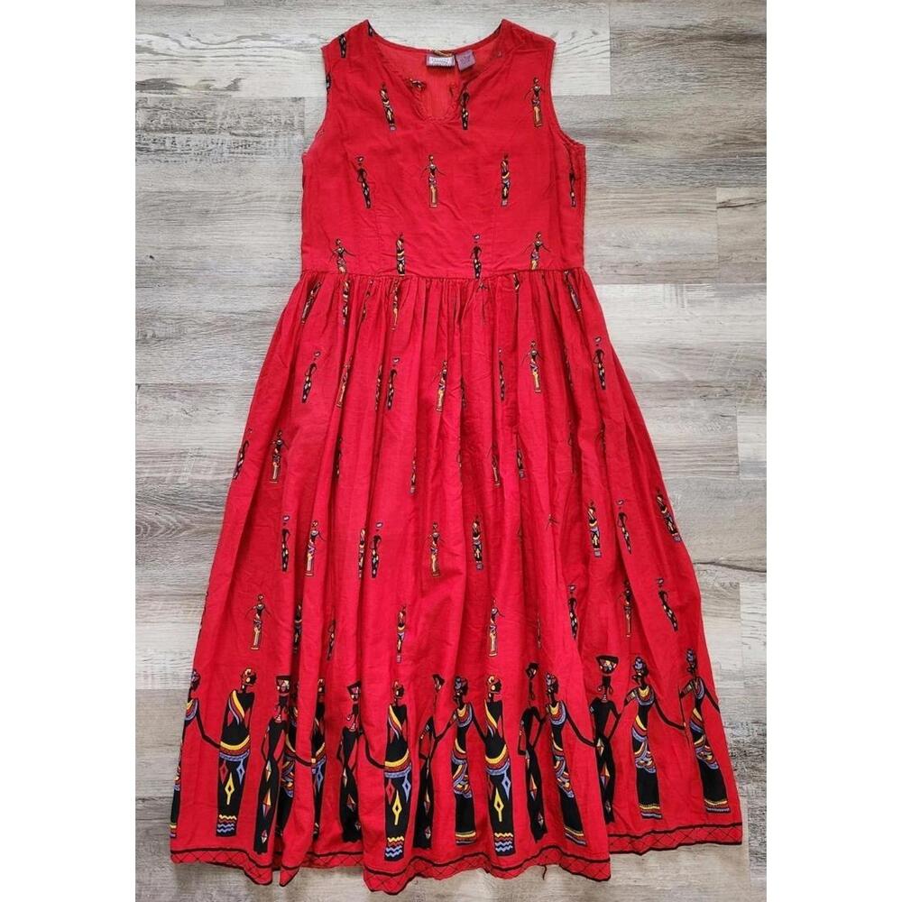 Vintage Premier International Dress Medium Red African Women Tribal